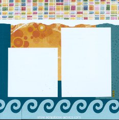 Bermuda Scrapbook Layout with wave die cut across bottom in blue bling, sun die cut in gold bling accented with gold reinstones