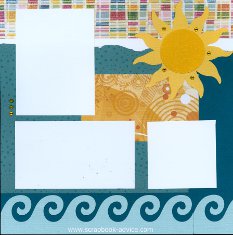 Bermuda Scrapbook Layout with wave die cut across bottom in blue bling, sun die cut in gold bling accented with gold reinstones