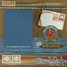 Bermuda Scrapbook Layout using Close to My Heart Moondoggie Stickers, brown cording, and painted Dimensional Elements Borders