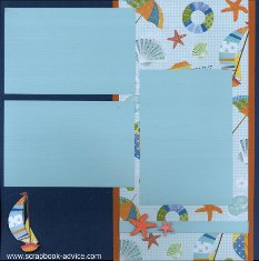 Bermuda Scrapbook Layout using color blocking with printed paper, journaling box and stacked embellishments