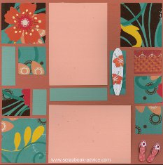 Bermuda Scrapbook Layout using color blocking with printed paper, title die cut and stacked embellishments