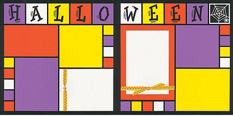 Halloween Scrapbook Layout using Mosaic Moments Kit with Orange, Purple and Yellow cardstock and spider web embellishment