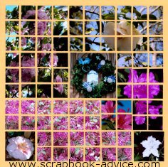 Mosaic Moments Floral Scrapbook Layout with photos cut into 1 inch squares