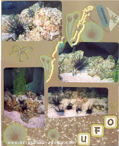 Aquarium Scrapbook Layout using fibers and sand textured scrapbook paper