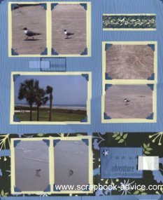 Beach Scrapbook Layout using 2 photos per matte, old fashioned photo corners and patterned paper