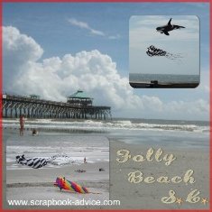 Digital Beach Scrapbook Layout using larger 12 x 12 inch photo of beach as background with smaller beach photos superimposed