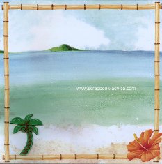 Bermuda Scrapbook Layout using beach scene background papers and plexiglass hibiscus & palm trees embroidered with DMC threads
