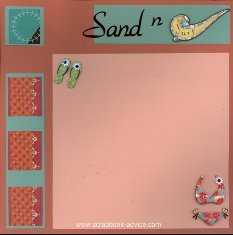 Bermuda Scrapbook Layout using color blocking with printed paper, title die cut and stacked embellishments