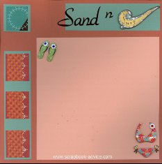 Bermuda Scrapbook Layout using color blocking with printed paper, title die cut and stacked embellishments