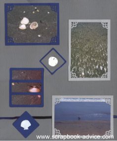 Beach Scrapbook Layout using Shell embellishments and title spelling 