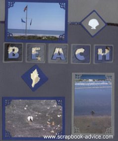 Beach Scrapbook Layout using Shell embellishments and title spelling 