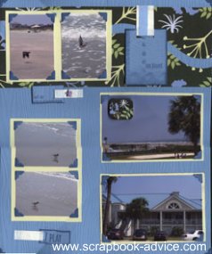 Beach Scrapbook Layout using 2 photos per matte, old fashioned photo corners and patterned paper