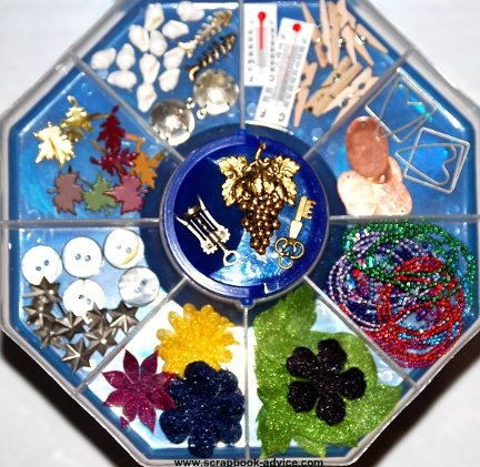 Scrapbook Embelishment Tray with Sorted Embellishments Scrapbook Embelishment Tray with Sorted Embellishments