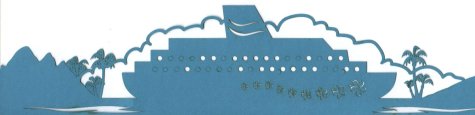 Die Cut of Cruise Ship between two islands with palm trees Die Cut of Cruise Ship between two islands with palm trees